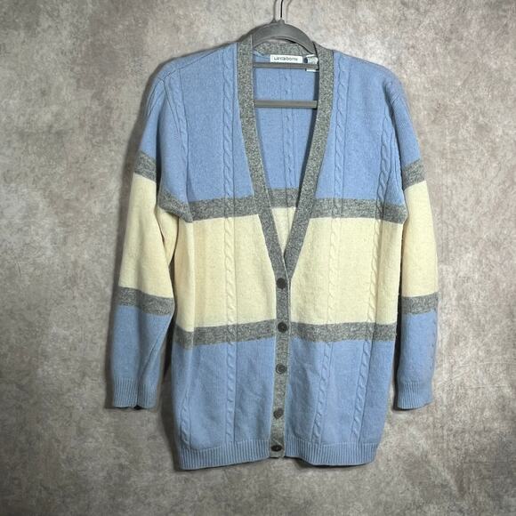 Liz Claiborne Lambwool Angora Blend Cardigan Sweater Womens Small Blue‎ Cream - Picture 1 of 8